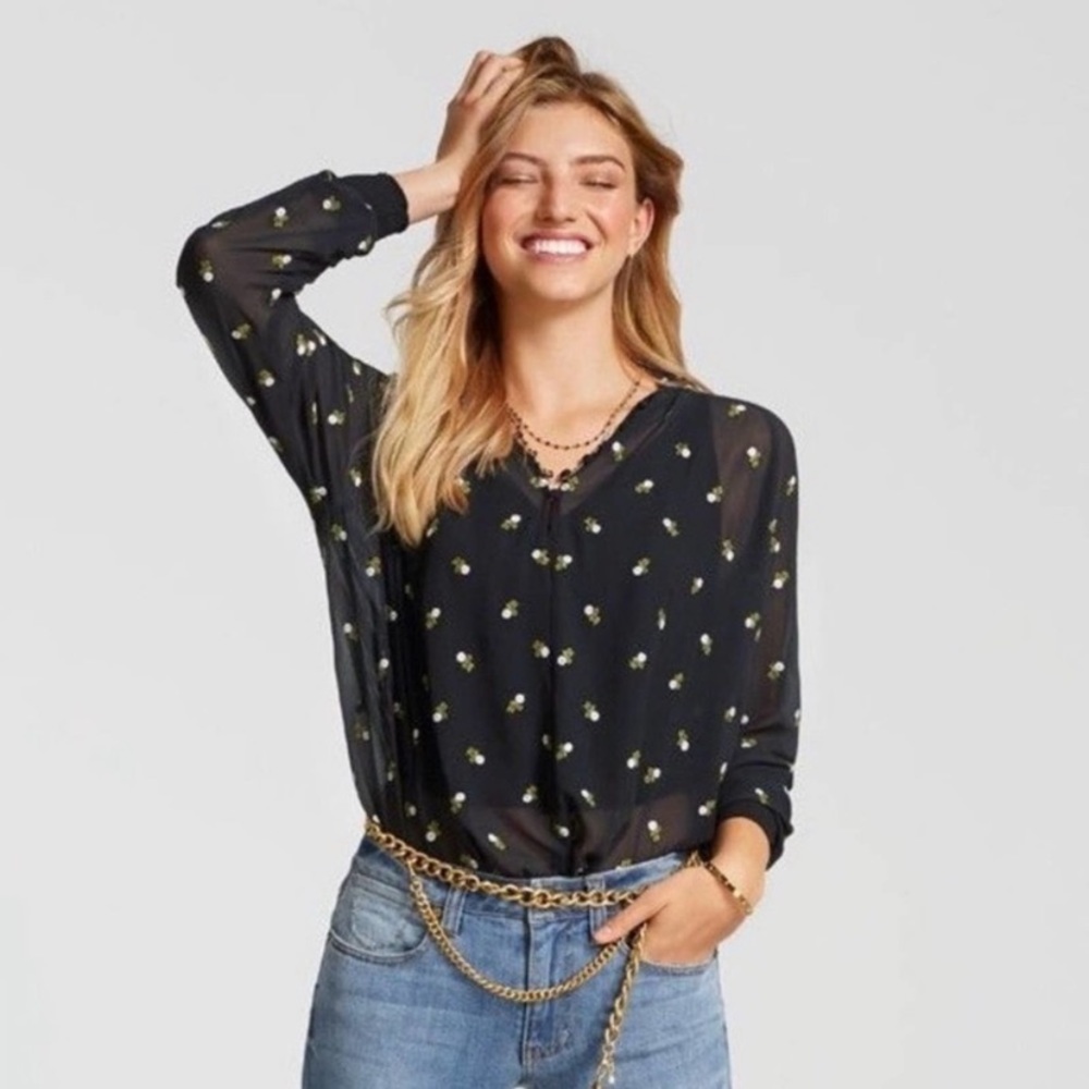 CAbi Algeria Smocked High Neck Sheer Floral Embroidered Blouse XS Extra Small